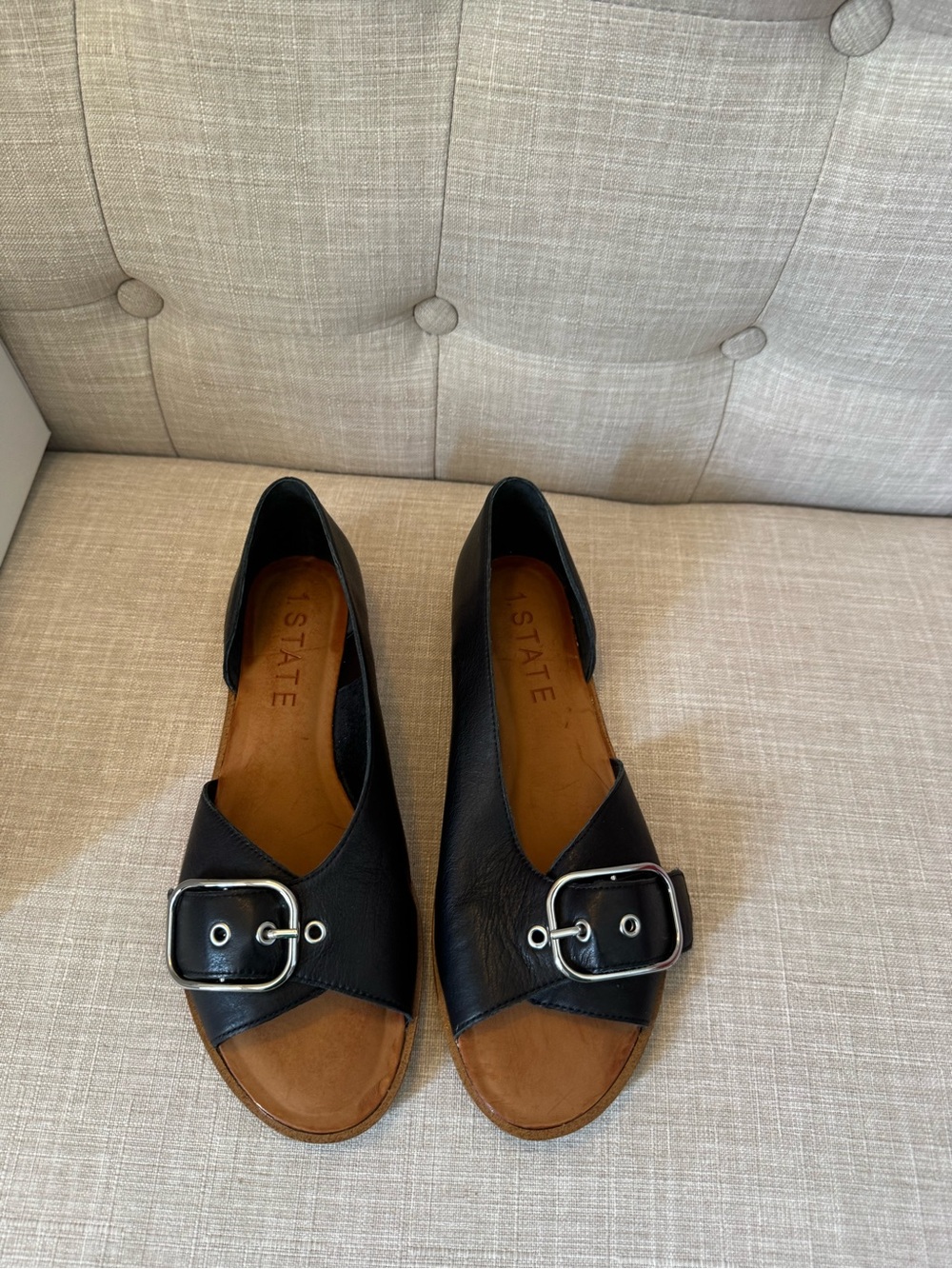 A.S. (1STATE) Black Leather Buckle Peep-Toe Flats
